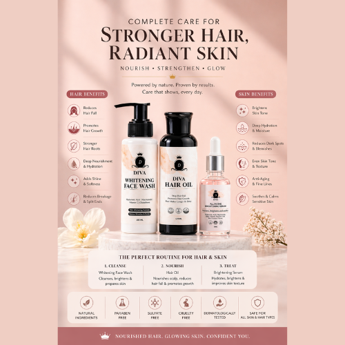 Diva Complete Skincare & Hair Care Set – Face Wash, Brightening Serum & Nourishing Hair Oil