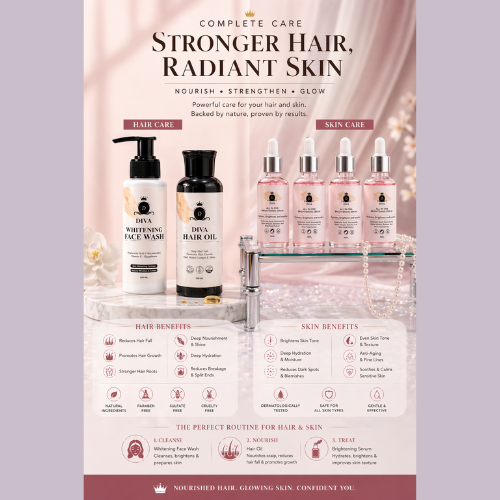 Diva Complete Skincare & Hair Care Set – Face Wash, Brightening Serum & Nourishing Hair Oil