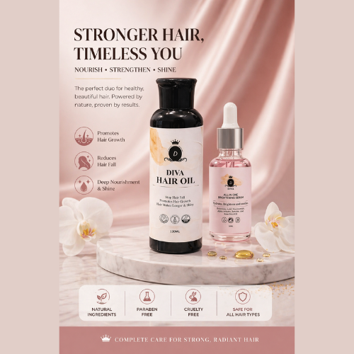 Diva Hair Nourishment & Radiant Skin Serum Duo - For Stronger Hair & Brightening Glow